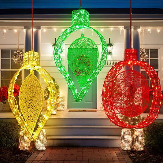 3 Pcs Outdoor Hanging Lighted, 16 h Christmas Pre-lit Hanging Lights Ornament for Outside, Red Green Yellow Metal Christmas Lantern Decoration for Balcony Yard Garden, 300 LED