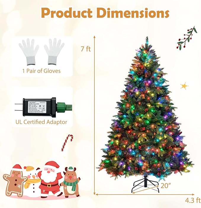 GOFLAME 7FT Pre-lit Artificial Christmas Tree, Hinged Xmas Tree with Remote and App Control, 500 Color & Mode Changing RGB Lights, Timer, 1436 Branch Tips, Pine Cones and Red Berries
