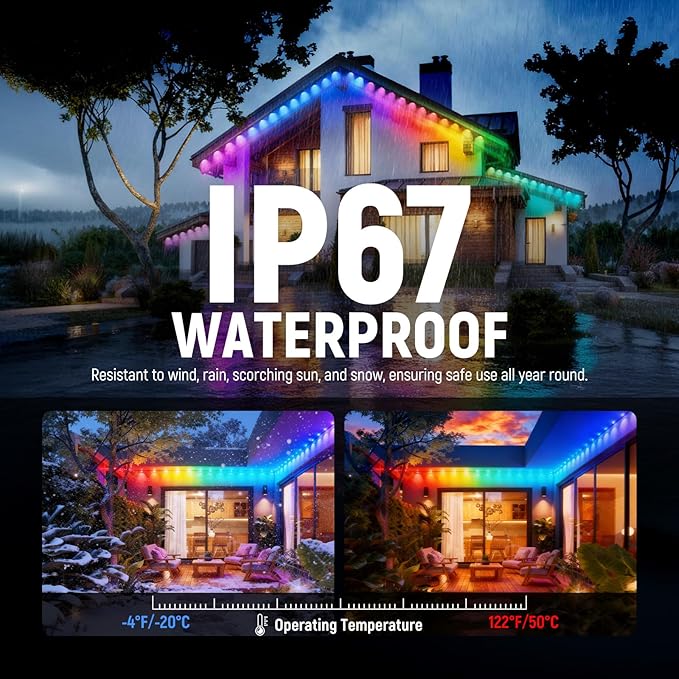 NEEWER 48ft Permanent Outdoor Lights for House Decor, Smart AI RGBCW Outside Eaves String Christmas Lighting with 30 LED Lights App Control 53 Scenes IP67 Waterproof, Compatible with Alexa, NR02