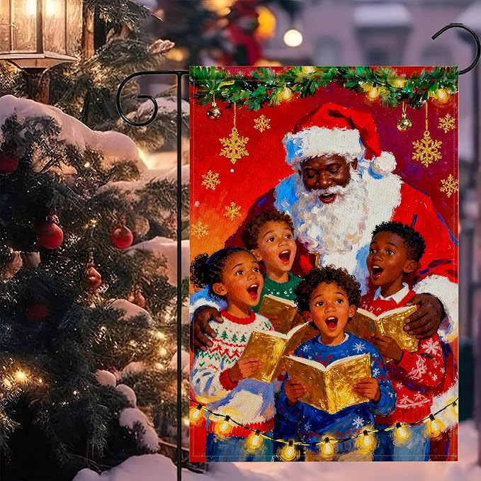 Merry Christmas African American Black Santa Garden Flag 12x18 Inch Double Sided Santa with Children Choir Red Snowflake Holiday Flags Outdoor Winter Yard Banner Welcome Flag Decor