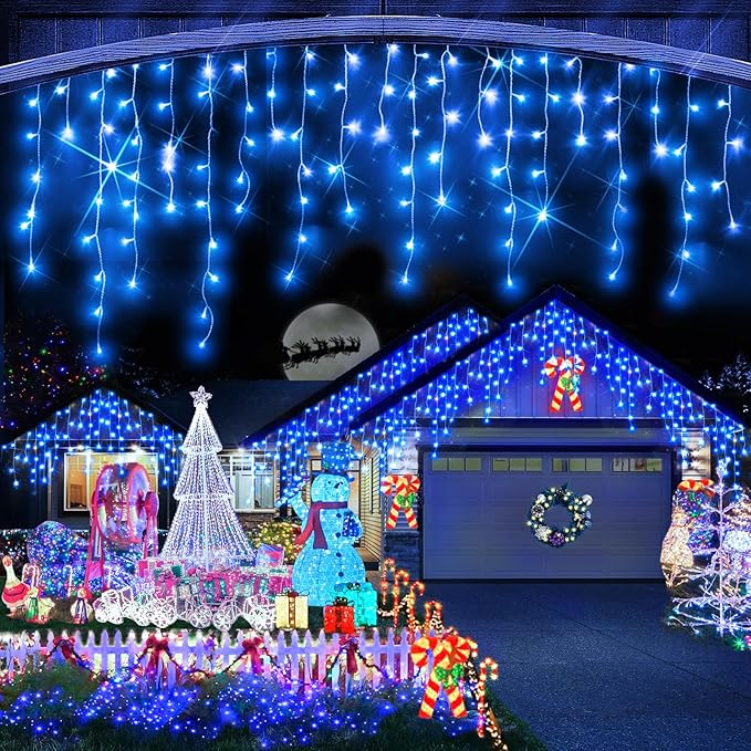 Christmas Lights Outdoor, 1280 LED 131FT Ice Lights for Outside, Clear Wire 8 Modes Plug in 240 Drops Ice String Lights with Timer Memory Function Hanging Light for Christmas Decor(Blue)