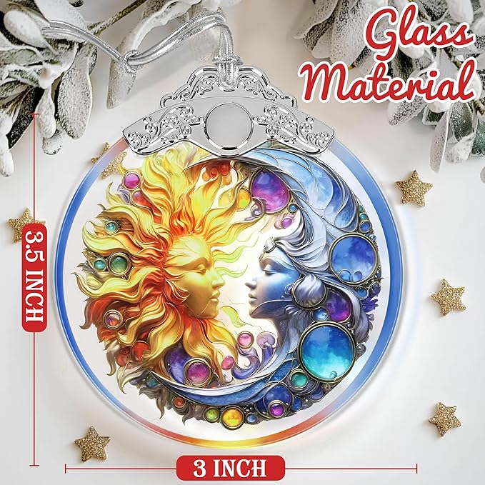 2025 Ornaments for Christmas Tree - Sun and Moon Stained Glass Christmas Tree Decorations Idea - Gift Exchange