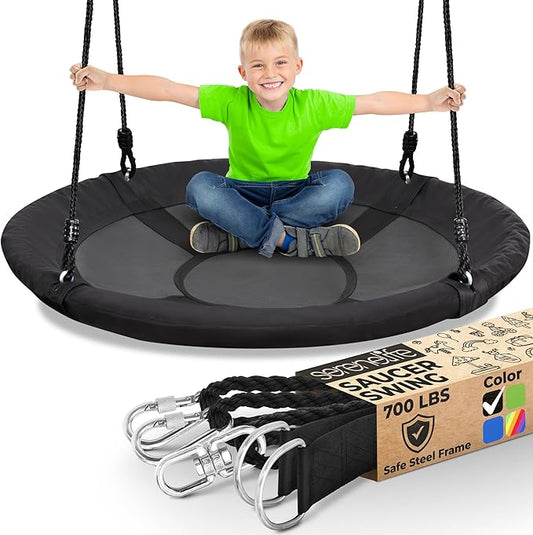 SereneLife Saucer Swing with Tree Hang Kit, 40¡± Outdoor Tree Swing, 2 Adjustable Hanging Rope Straps and Center Swivel Spinner for Kids (Black)