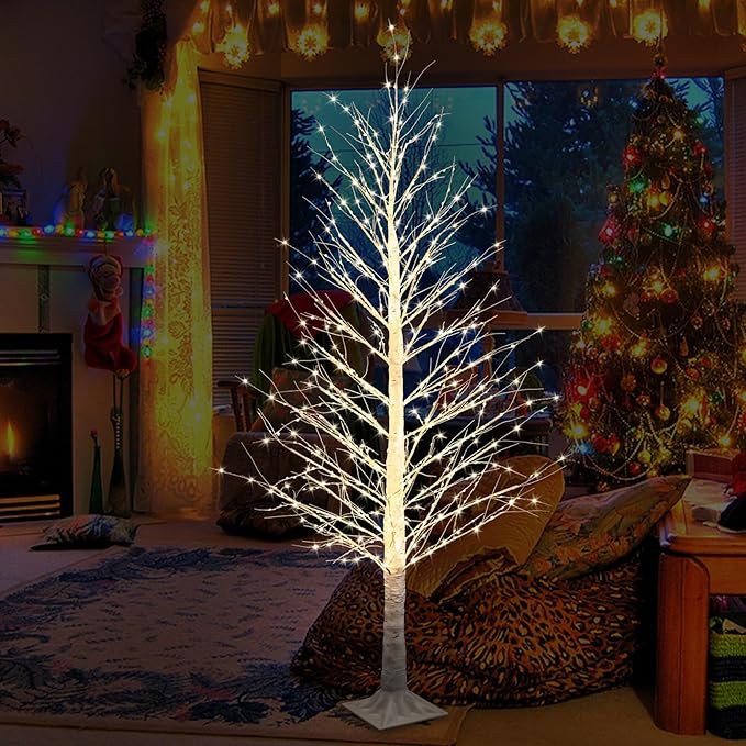 6FT 696LED Christmas Birch Tree Warm White Lights with Twinkle, LED Lighted Tree for Indoor Outdoor Home Party Decorations