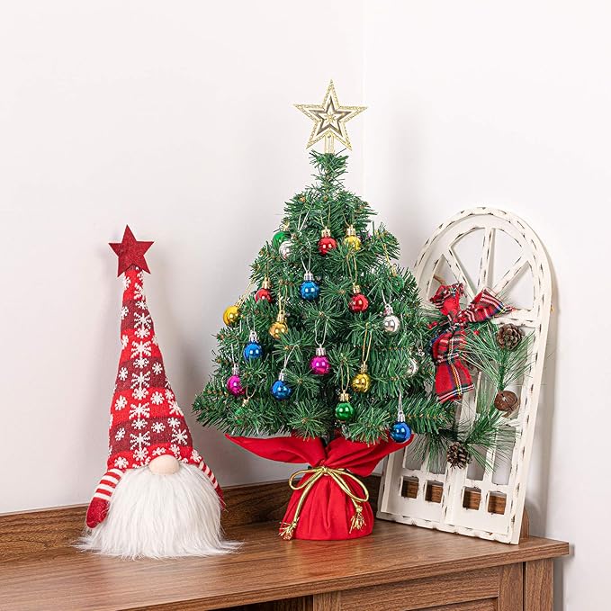 Sunnyglade 22Inch Tabletop Christmas Tree Mini Artificial Christmas Tree with 30 LED Lights & 24 Pcs Xmas Ball for Table Top Desk Classic Series Holiday Decoration (Green)