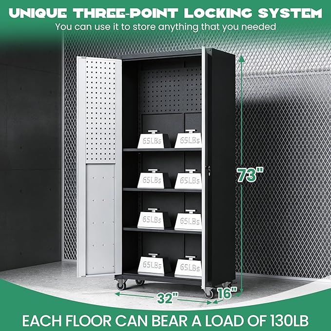 Garage Metal Storage Cabinet,71 Rolling Tool Cabinet with Pegboard and 3 Adjustable Shelves,Heavy-Duty Shelving Unit with Lockable Doors for Garage,Workshop,Home & Office Organization