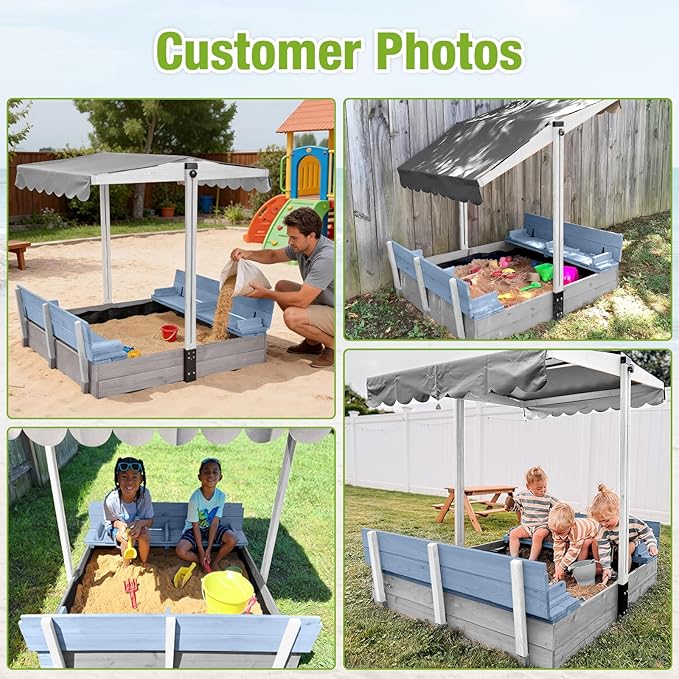 Wooden Sand Box with Cover,Sandbox with Lid Foldable Beench Seats,Sand Boxes for Backyard Garden, Beach Patio Outdoor (Sandbox-B)
