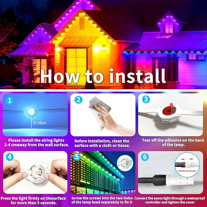 Permanent Outdoor Lights 200ft Smart Outside RGB LED Christmas Light, App Control Remote IP67 Waterproof Eternity Eaves Lighting for Halloween，House，Patio Decor ，Garden Decor, Decorations