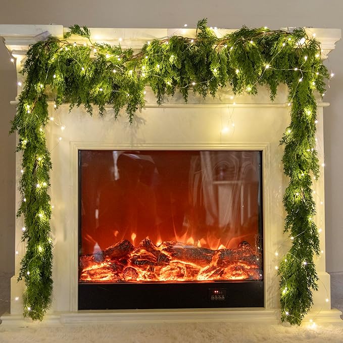 6FT PARTY JOY Seasonal Artificial Christmas Garland with LED String Lights Pine Needle Cypress Garland for Holiday Winter Indoor Outdoor Decor