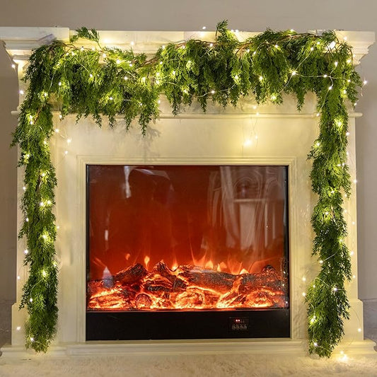 6FT PARTY JOY Seasonal Artificial Christmas Garland with LED String Lights Pine Needle Cypress Garland for Holiday Winter Indoor Outdoor Decor