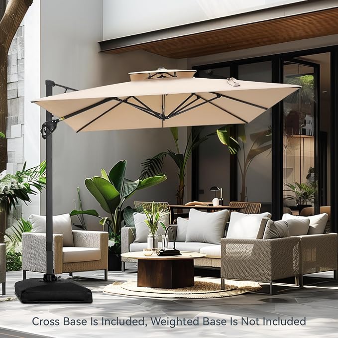 PHI VILLA 10'x 13' Cantilever Patio Umbrella, Outdoor Rectangle Large Umbrellas with Hydraulic Lift and 360°Rotation, Beige