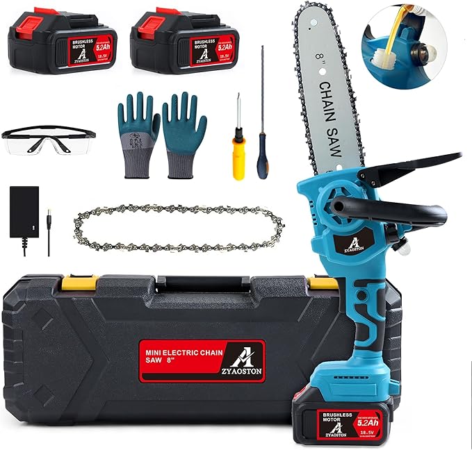 Mini Chainsaw Cordless 8 Inch with 2x 5200mAh Batteries, Portable Electric Chain Saw, Automatic Oiler, Battery Powered Small Handheld Saw,Trees Branches Trimming, Wood Cutting (Blue)