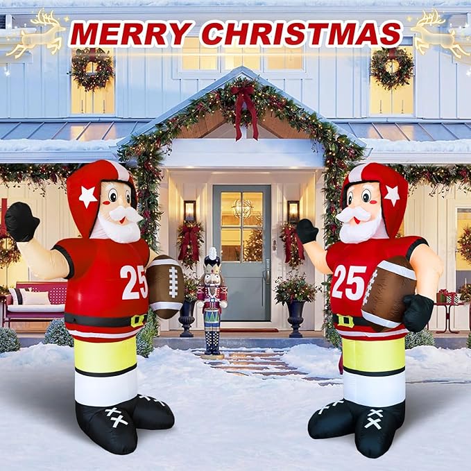 DearSun 8FT H Christmas Inflatable American Football Santa,Football Party Decorations,Blow Up No.25 Rugby Santa Player with Build-in LED Lights, Inflatable Player for Football Party Decor