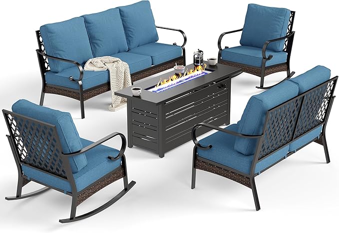 5 Piece Metal Outdoor Patio Furniture Sets with Firepit Table, Patio Conversation Sets 1 3-Seater Sofa, 2-Seater Loveseat, 2 Rocking Chair with 5.75" Cushion for Backyard Deck, Blue-2