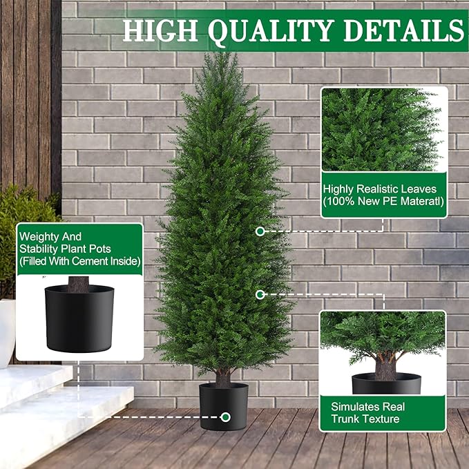 4FT Artificial Topiary Cedar Plants Outdoor, Faux Pine Trees UV Resistant and Potted, 48 Inch Tall Fake Shrubs Evergreen for Front Porch Decor Set of 2