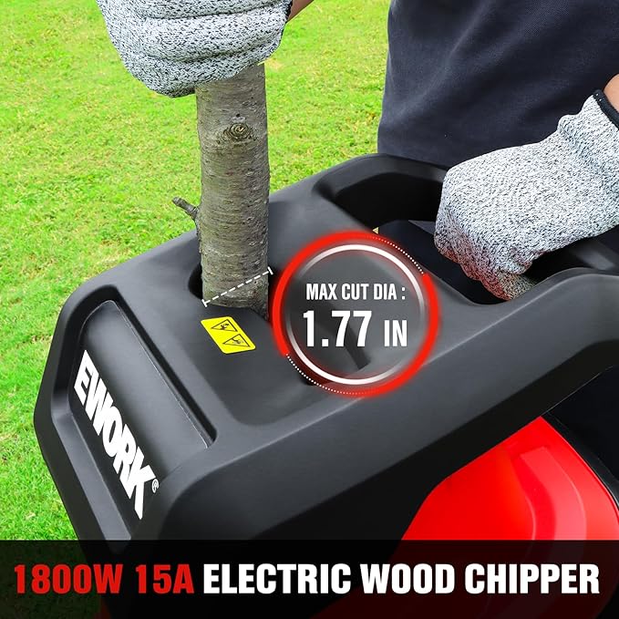 EWORK 15-Amp Electric Wood Chipper Shredder, Brushless Motor Garden Mulcher for Composting & Yard Waste, 1.77 Cutting Capacity Branch Crusher with 15:1 Reduction Ratio, 4500 RPM Silent Design