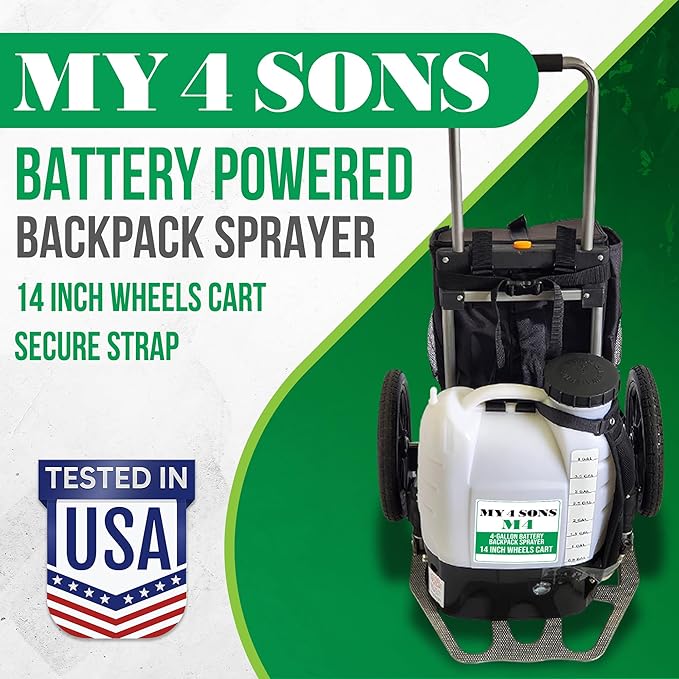 Backpack Sprayer - MY4SONS M4 4-Gallon Battery - Cordless Sprayer with 14-Inch Wheels, Spray Pistol, Adjustable Wand, 15ft Hose, Secure Strap, Rechargeable Power Supply Included, for Lawn and Garden
