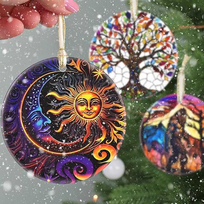 Christmas Ornaments, 3.5 Inch Ceramic Sun and Moon Hanging Ornament, Christmas Tree Ornaments, Gifts for Neighbor, Xmas Gifts, Unique Gift Idea, Perfect for Holiday Party, Tree, Window, Wall Decor