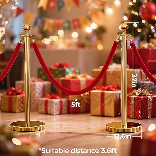 8pcs Sturdy Gold Stanchion Posts and 8pcs High Quality Red Carpet Velvet Ropes, Water/Sand/Concrete Fillable Leakproof Base, Crowd Control Barriers for Birthday, Prom, Business, Wedding