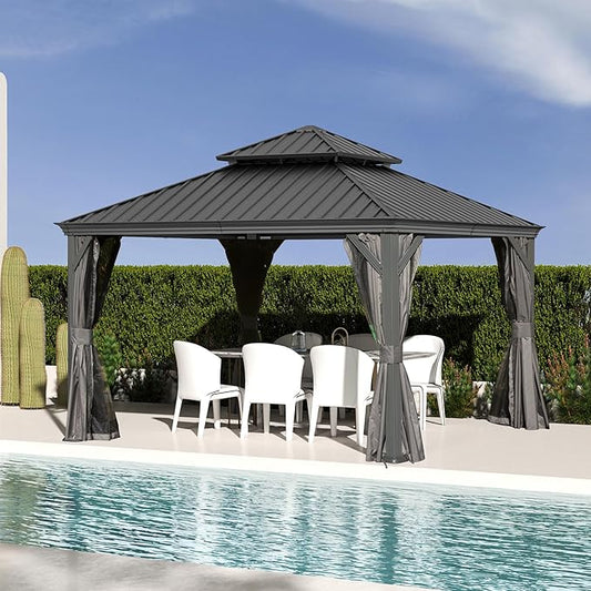 Domi 12x12FT Outdoor Gazebo, Hardtop Gazebo with Galvanized Steel Double Roof, Metal Gazebos with Drainage System Patio Pergola for Patio Deck Backyard,Curtain and Netting,Gray