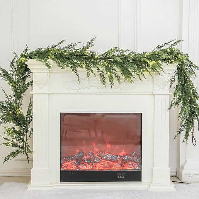 6ft Handmade Christmas Garland,Cedar Artificial Greenery with LED String Lights,Seasonal Garland for Fireplace Indoor Outdoor Winter Holiday Decoration