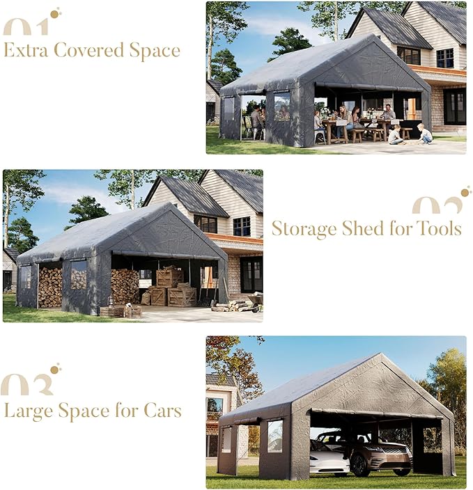 20x20ft Heavy Duty Carport, Canopy with Roll-up Ventilated Windows & Side Door All Weather, Easy Assembly Portable Car Shelter for Garage/Storage/Party