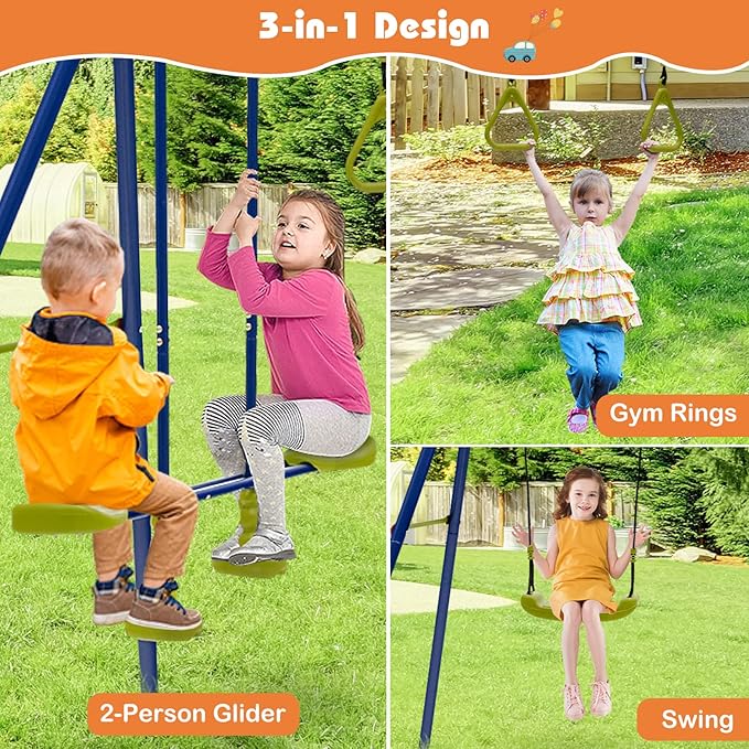 GLACER 440 LBS Heavy-Duty A-Frame Swing Set, 3-in-1 Swing Set w/1 U-Shaped Swing, 1 Glider, 2 Gym Rings, Multifunctional Activity Playset for Backyard, Garden, Park
