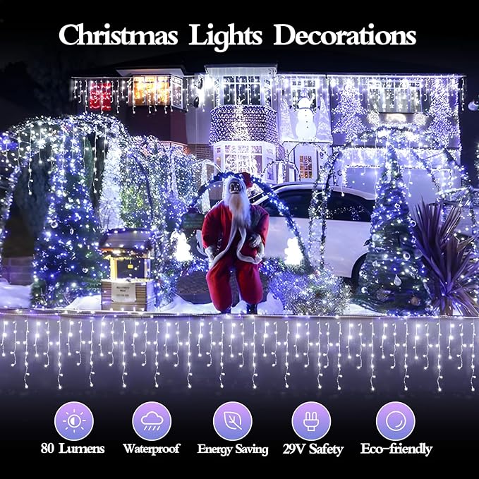 98FT 960 LED Christmas Lights, Waterproof 8 Modes Ice Lights for Outside with Memory and Timer Hanging Fairy Lights Plug-in Curtain String Lights for Holiday Party Wedding Home (Cool White)