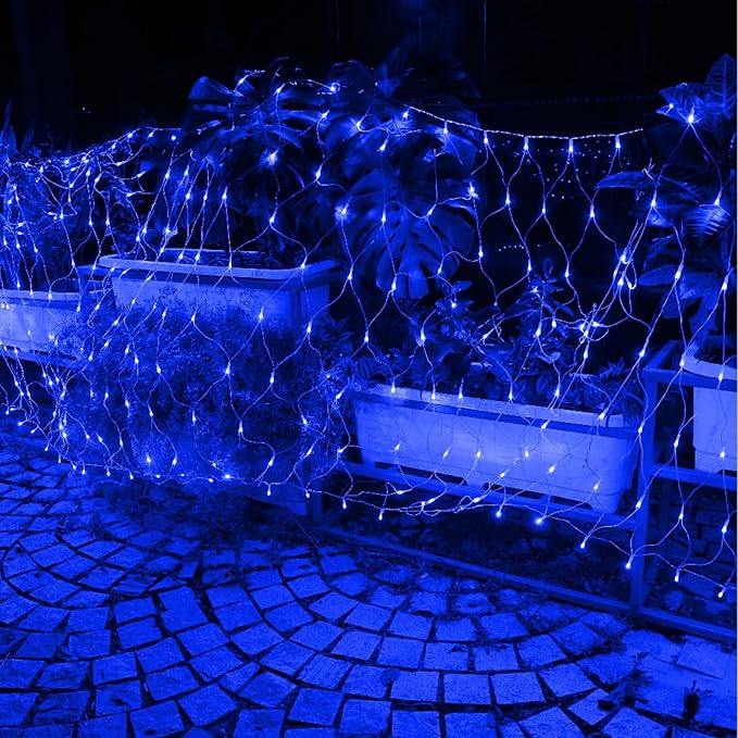 Joomer Christmas Net Lights - 12FT x 5FT 360 LED Plug-in Mesh Lights, Waterproof with 8 Modes, Timer, Connectable for Bushes, Trees, Garden, Outdoor Christmas Decor (Clear Wire, Blue)