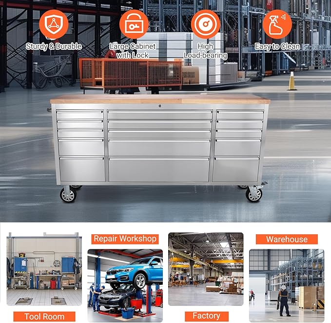 Heavy Duty 72-Inch Rolling Tool Chest with 15 Drawers & Rubber Wood Top, Stainless Steel Mobile Workbench Cabinet, Lockable Drawers & Casters for Garage, Workshop - Silver Finish