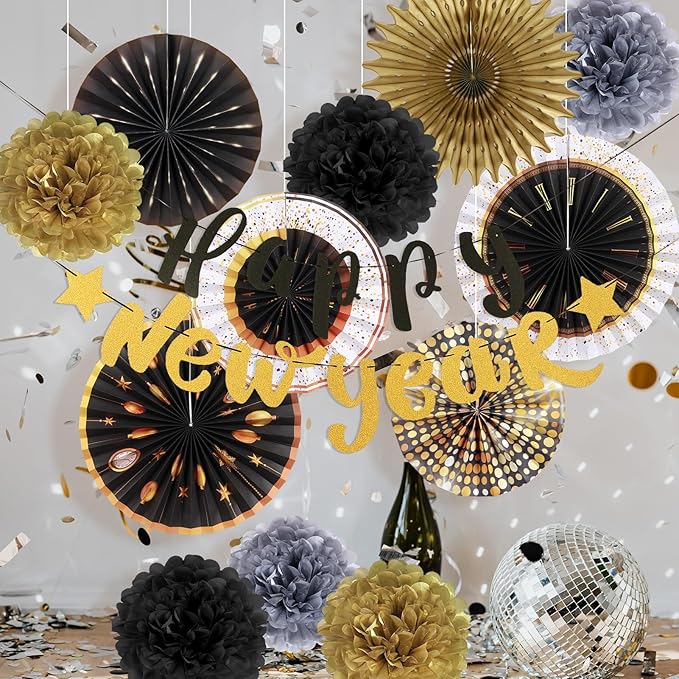 14 Pcs 2026 New Years Eve Party Supplies, with Pre-strung Happy New Year Banner, Hanging Paper Fans 2026 New Years Eve Decorations, Black and Gold Hanging Decor for Happy New Year Party