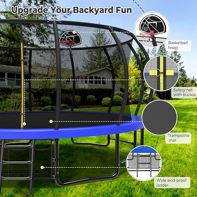 Lyromix 12 14 15 16FT Outdoor Trampolines for Kids and Adults, Pumpkin Trampolin with Curved Poles, Recreational Trampolin with Basketball Hoop and Safety Enclosure Net for Kids and Adults