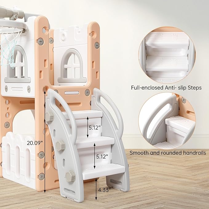 8-in-1 Toddler Slide & Climber Playset for Kids 1-3 Years, Indoor Outdoor Activity Center with Basketball Hoop, Tunnel, Telescope, Steering Wheel & Storage, Safe HDPE Backyard Fun House