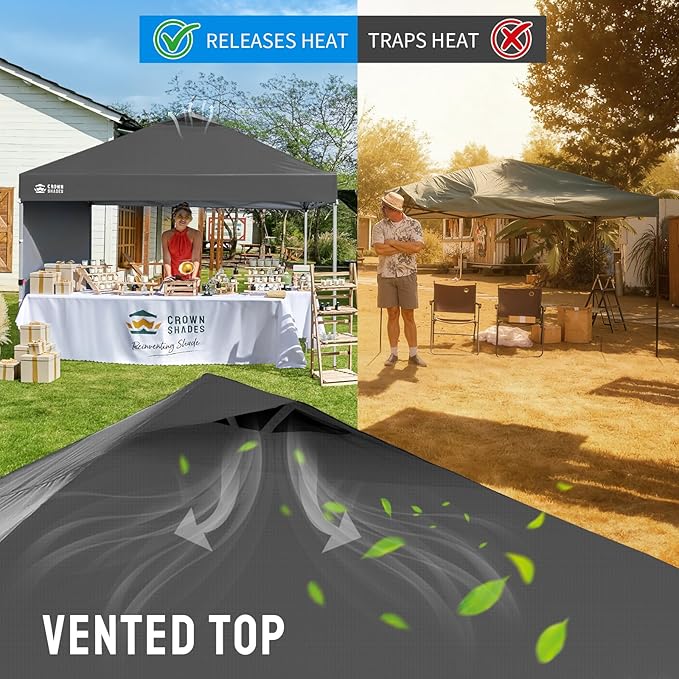 CROWN SHADES 12x12 Pop Up Canopy Tent Instant Commercial with 150D Silver Coated Fabric Including 1 Removable Sidewall, 4 Ropes, 8 Stakes, Weight Bags, STO 'N Go Bag, Grid Grey