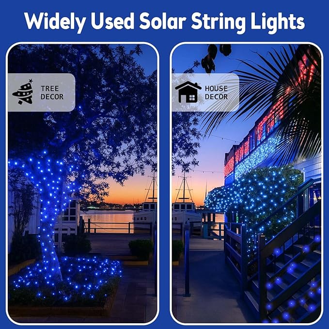 4 Pack 180FT Solar Christmas Lights Outdoor Waterproof, Super Bright 320 LED Solar String Lights with 8 Lighting Modes, Green Wire Solar Twinkle Fairy Lights for Outside Tree Xmas Party Garden(Blue)