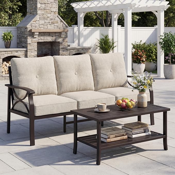 3 Seats Outdoor Patio Furniture Set, Outdoor Metal Sectional Furniture with Cushions, Outdoor Conversation Set with Coffee Table for Garden, Deck, Balcony, Backyard, Khaki