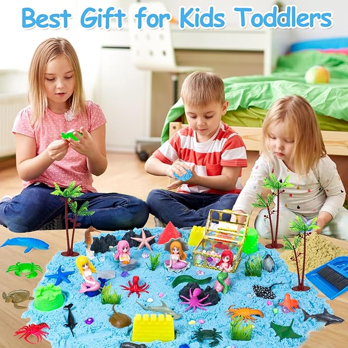 Sensory Bin, 57Pcs Ocean Mermaid Sensory Bins for Toddlers Sand Art Kit Sea Animals Molds Sandbox with Cover, Kids Play Sand Toys Playsand Birthday Valentines Gifts for Boys Girls 3-5 6 7+