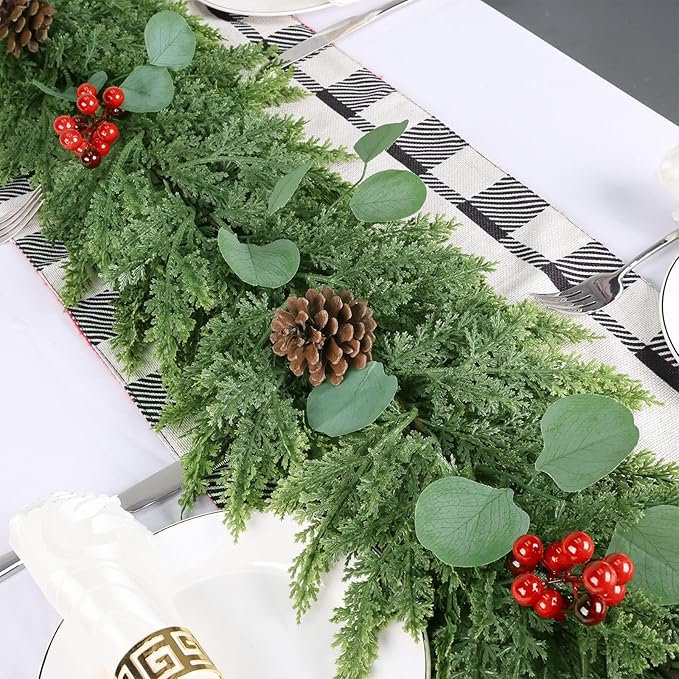 6ft Christmas Garland Realistic Soft and Thickness Green Faux Cedar Pine Garland Artificial Cedar Cypress Garland with Red Berries for Home Fireplace Wall Indoor Outdoor Holiday Party Decoration