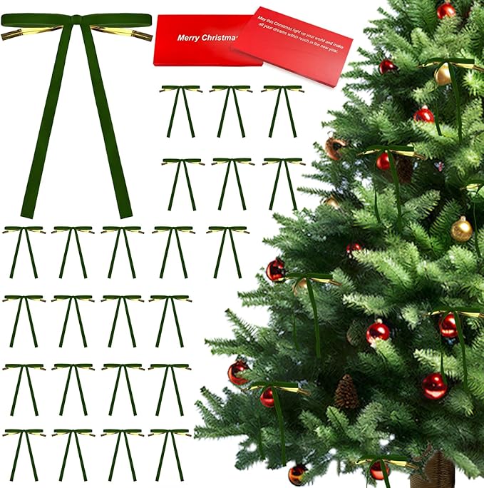24 Pcs Velvet Bows for Christmas Tree Ribbon Bows for Home Tree Garland Wreath Indoor Rustic Crafts Gift Xmas Decorations Holiday Wedding Outdoor (Dark Green)