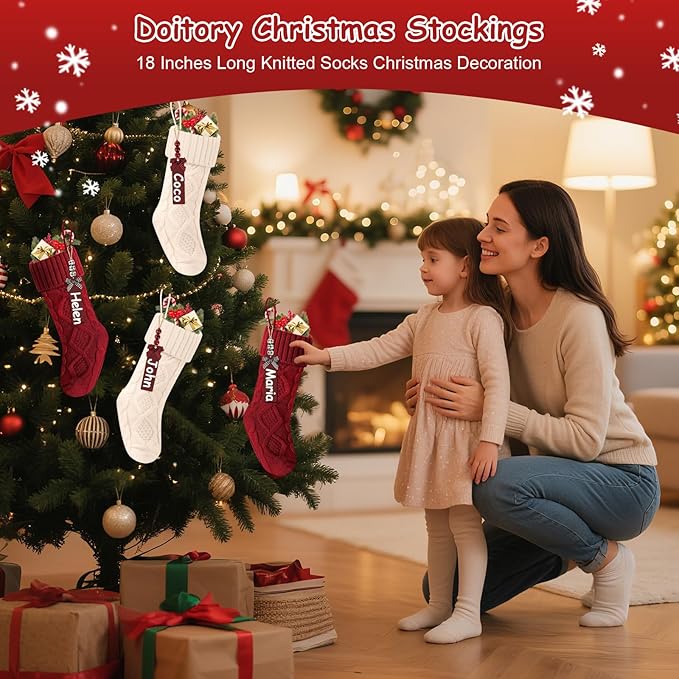 Christmas Stockings 18 Inches,Long Knitted Stocking with Name Tags, Christmas Decoration Hanging Stockings Fireplace Xmas Tree Ornaments for Home Family