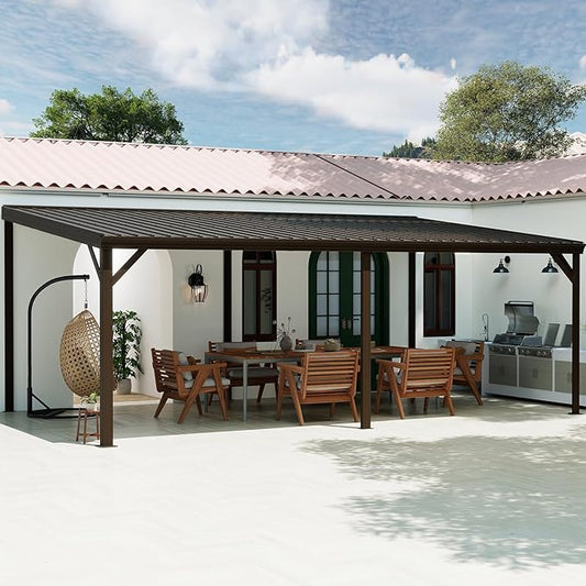 Domi 12'x20' Hardtop Lean to Gazebo with Gutters, Connectable Wall Mounted Gazebo Pergola with Galvanized Steel Roof, 60MPH Wind Resistance, Outdoor Large Metal Canopy, for Patio, Deck, Lawn - Brown