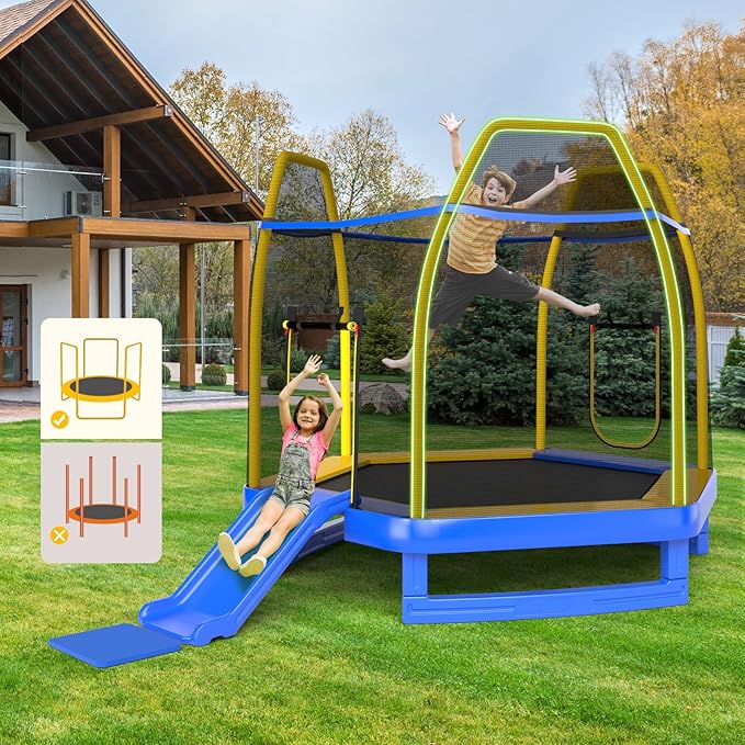 Goplus 7 FT Kids Trampoline with Slide, 87¡± ASTM Approved Toddler Trampoline with Galvanized Steel Frame & Safety Enclosure Net, Ladder, Indoor Outdoor Recreational Rebounder for Kids