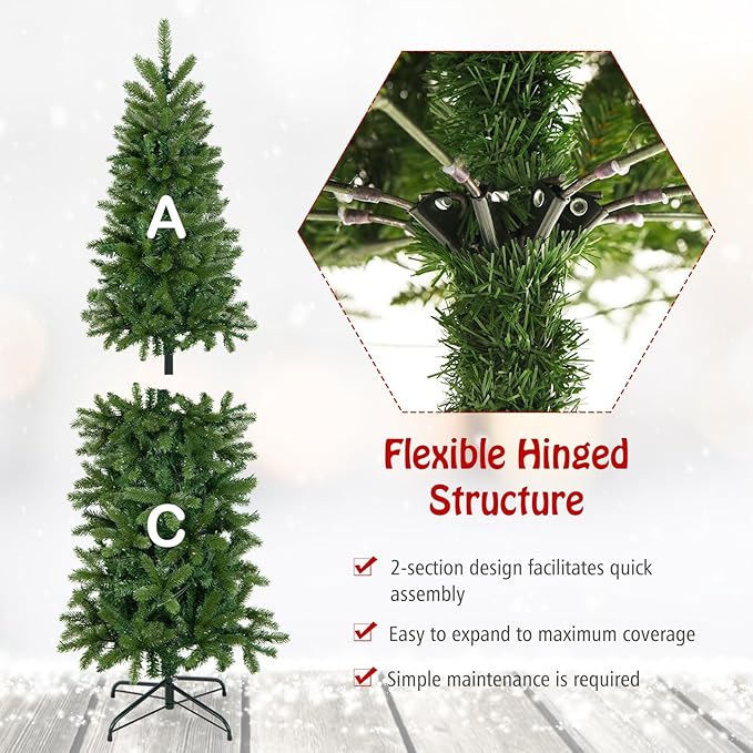 GOFLAME 5ft Pre-lit Pencil Christmas Tree, Artificial Christmas Tree with 180 LED Lights, 10 Light Modes, 390 Branch Tips, Metal Stand, Hinged Xmas Tree for Holiday Festival Decor
