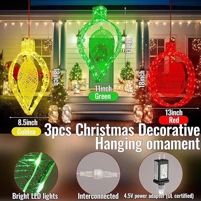 3 Pcs Outdoor Hanging Lighted, 16 h Christmas Pre-lit Hanging Lights Ornament for Outside, Red Green Yellow Metal Christmas Lantern Decoration for Balcony Yard Garden, 300 LED