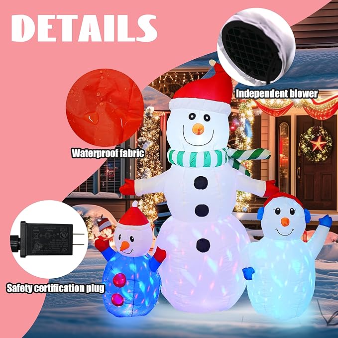 Hourleey 6 FT Christmas Inflatable Snowman Outdoor Decorations, Blow up Snowman Built-in Colorful Rotating LED, Waterproof Christmas Decoration for Yard Garden Lawn Xmas Holiday Decor