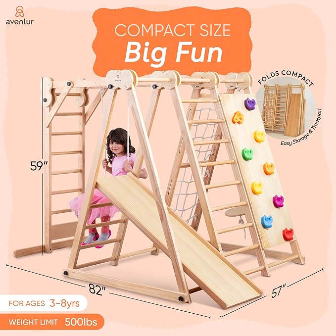 Avenlur 8-in-1 Indoor Play Gym ? Toddler Jungle Gym for Kids Ages 2?6 ? Indoor Playground Wooden Climbing Playset with Slide, Monkey Bars, Ladder, Rope Ladder, Rock Climbing, Swing, Rings, Disc Swing