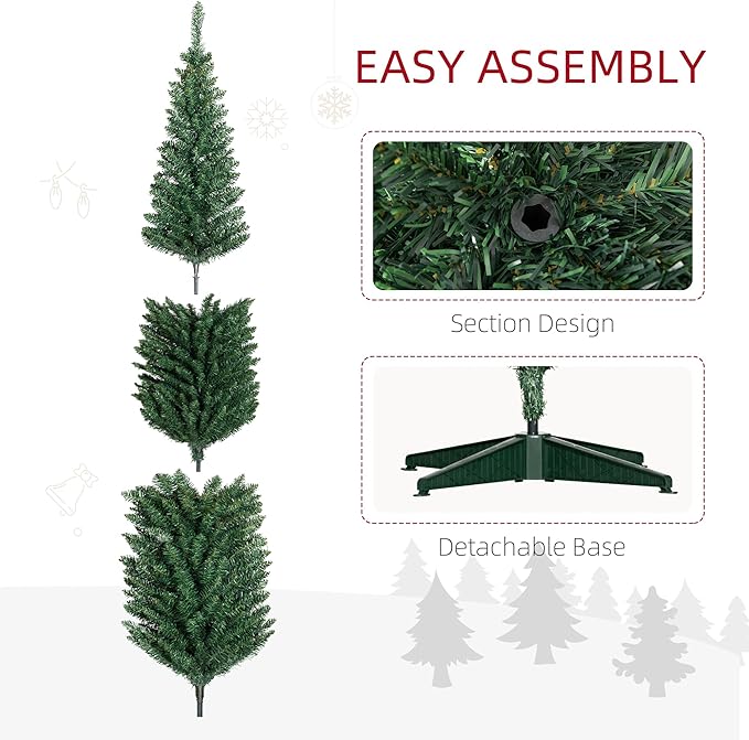 HOMCOM 8' Artificial Pencil Christmas Tree, Slim Xmas Tree with 618 Realistic Branch Tips and Plastic Stand, Green