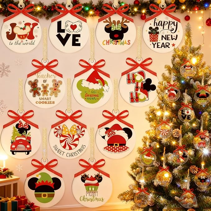 12 Transparent Round Acrylic Christmas Tree Decoration Sets for Holiday Party Decoration (24, Circle)