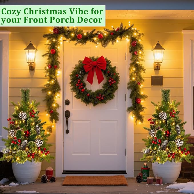 2 Pack Outdoor Christmas Tree Urn Fillers with 40 Warm & Colorful Change Lights, 8 Modes Timer, Pinecones Red Berries Decorations, Battery Operated for Holiday Planters Yard Porch Pathway Xmas Decor