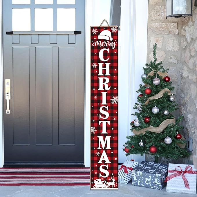 Nialnant Merry Christmas Welcome Porch Sign, Vertical Santa Welcome Sign for Front Porch, Winter Yard Christmas Sign for Porch Door Indoor Outdoor Holiday Decoration - 47.2" X 7.8